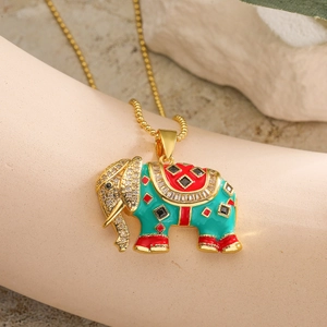 18K gold plated elephant pendant necklace with colorful enamel and zircon details