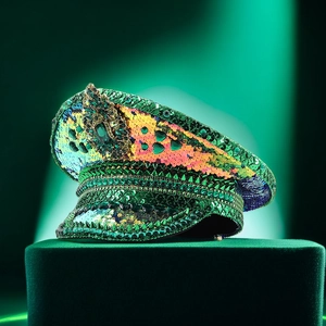 Luxury green sequined captain hat with crystals and studs for festivals and parties
