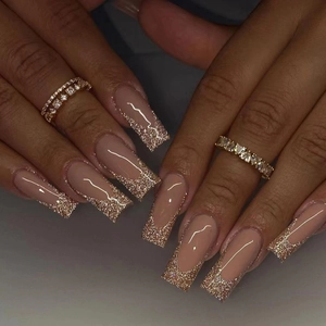 French Gold Glitter Nude Pink Press On Nails Long Coffin Ballerina Shape Artificial False Nails For Women Daily Manicure