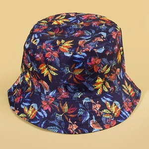 Navy blue bucket hat with colorful leaf patterns for summer outdoor sun protection