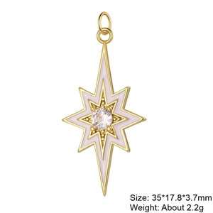 Octagonal star pendant with white enamel and center gemstone, size 35x17.8mm 2.2g