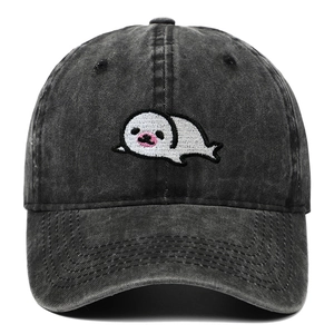 Washed charcoal baseball cap with cute white seal embroidery and classic soft top crown