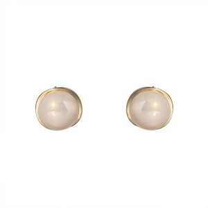 Elegant French style round pearl stud earrings with polished gold curved frames on white background