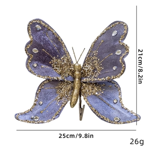 Purple velvet butterfly clip with gold glitter and rhinestones, 25cm Christmas decoration