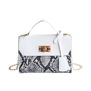Fashionable snakeskin pattern crossbody bag with gold chain and white colorblock