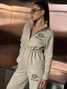 Chic beige long sleeve drawstring tracksuit set with high-weight knitted fabric and logo