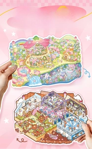 Dettaglio degli adesivi 3D Rainbow Wonderland e Chocolate Factory in miniatura