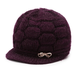 Winter deep purple cable knit hat for women with warm fleece lining and rhinestone bow