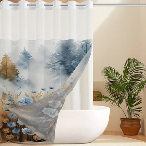 Dettaglio della tenda da doccia waffle bianca con motivi floreali blu e foresta