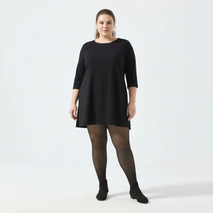 Plus size black long sleeve tunic dress with sheer tights for women fall look