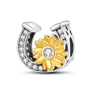 Silver horseshoe charm with golden sunflower and sparkling crystals for DIY bracelets