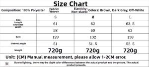 Detailed size chart for retro brown zip-up jacket with precise product measurements