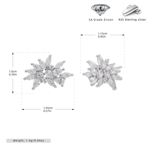 Detail of S925 sterling silver snowflake earrings with 5A grade zircon measurements