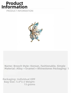 Detailed chart of blue butterfly brooch with alloy oil drip and rhinestone inlay specs