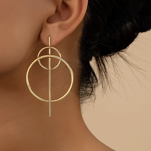 Minimalist gold geometric hoop earrings with double circle and vertical bar design