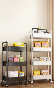 Detail view of 3 and 4-tier rolling kitchen carts with 360 wheels and sturdy metal frame