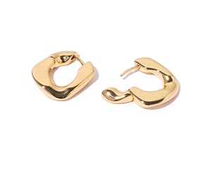 Macro view of 18K gold plated minimalist hoop earrings with glossy metallic finish