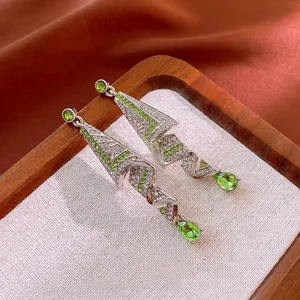 Elegant silver drop geometric earrings with green and clear rhinestones for women