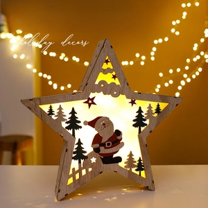 Christmas Star Wooden LED Ornament Light Laser Cut Pentagram Tabletop Decoration For Holiday Party Home Desk