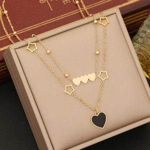 Double-layer gold stainless steel necklace with black heart and star charms