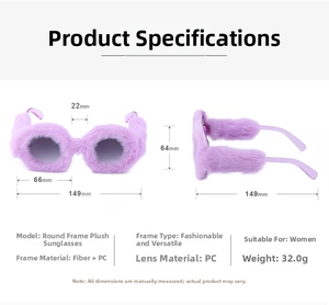 Detailed size chart for oversized plush sunglasses with exact frame dimensions
