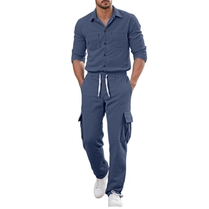 Men's grey-blue corduroy leisure set with long-sleeved shirt and cargo pants on white background