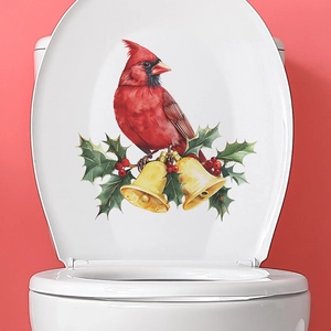 Christmas Cardinal Bird Golden Bells Wall Sticker Waterproof PVC Removable Decal For Toilet Lid Bathroom Home Decor