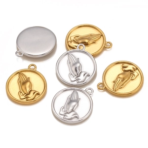 Golden and silver stainless steel praying hands round pendants for DIY jewelry making