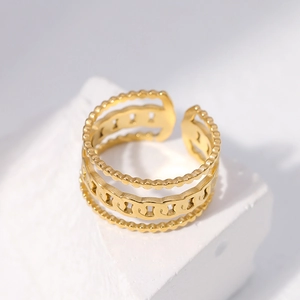 Minimalist adjustable golden chain-link open ring with multi-layer bead trim detail