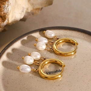 18K gold plated stainless steel hoop earrings with three white freshwater pearls