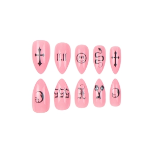 Pink Stiletto Gothic Press-on Nails with Black Snake Cross and Smiley Face Patterns