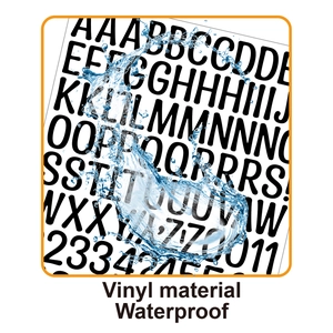 Close-up of waterproof black vinyl letter stickers showing splash resistance effect