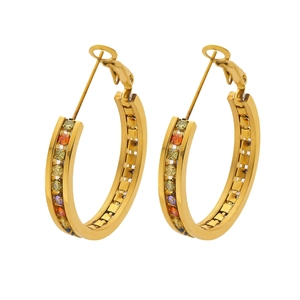 Golden hoop earrings with colorful zircon stones in a luxurious minimalist style