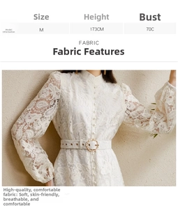 Detail of white paisley lace dress with pearl buttons and fabric belt for 2025