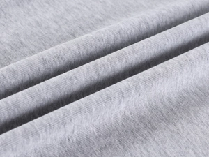 Close-up of heather gray knit fabric showing the soft texture of a slim-fit T-shirt