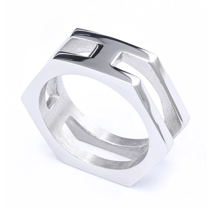 Minimalist hexagonal stainless steel ring with a industrial matte geometric design