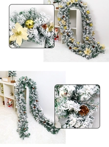 Close-up of 2.7m flocked Christmas garland with pine cones and golden ornaments