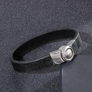 Minimalist black braided leather bracelet with silver stainless steel magnetic clasp