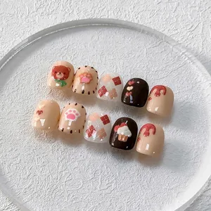 5D embossed teddy bear and cupcake nail stickers in creamy beige and brown tones