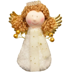 Plush Christmas angel ornament with golden wings and white fur body for festive decor