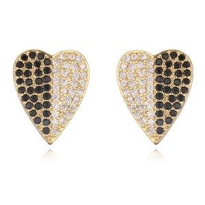 Luxurious gold-plated heart stud earrings featuring black and white zircon stone pavé