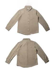 Front and back view of a khaki long sleeve knit shirt with waffle texture and button closure