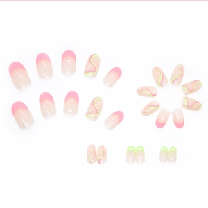 Pink French tip and green wave pattern round ballet press-on nails set on white background