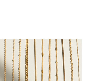 Close-up of various 18K gold-plated stainless steel chain textures and link designs