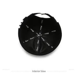 Black docker brimless hat interior featuring fashion tape reinforcement and metal buckle