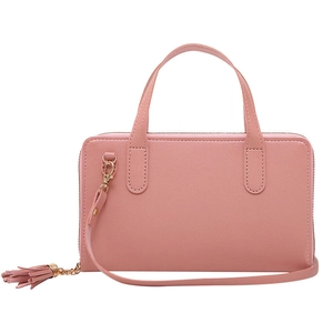 Pink rectangular double-layer shoulder bag with leather texture and tassel charm