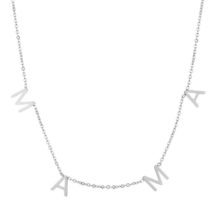 Detail view of silver stainless steel mama pendant necklace with polished letter charms