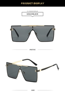 Front and side view of gold and black square frame sunglasses with metal temples