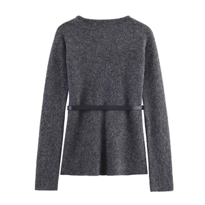 Rear view of dark grey knitted sweater featuring a slim black waist belt for women