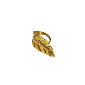 Minimalist 18k gold plated stainless steel leaf ring with detailed vein texture